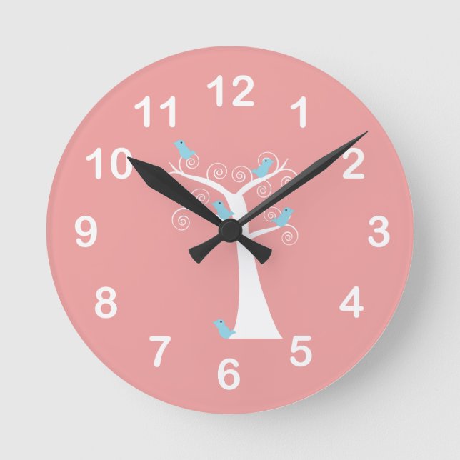 Blue Birds Pink Background Whimsical Tree Round Clock (Front)