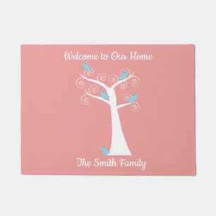 Blue Birds Pink Welcome Personalized Doormat