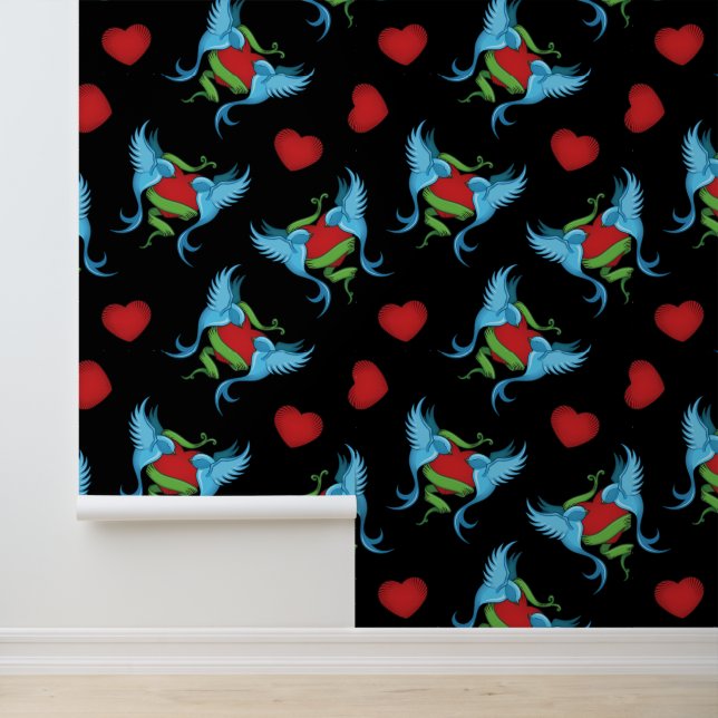Blue Birds Tattoo Design Red and Blue on Black Wallpaper (Application)