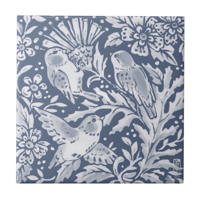 Blue Birds Thistle Flower Woodland Faces R Tile (Front)