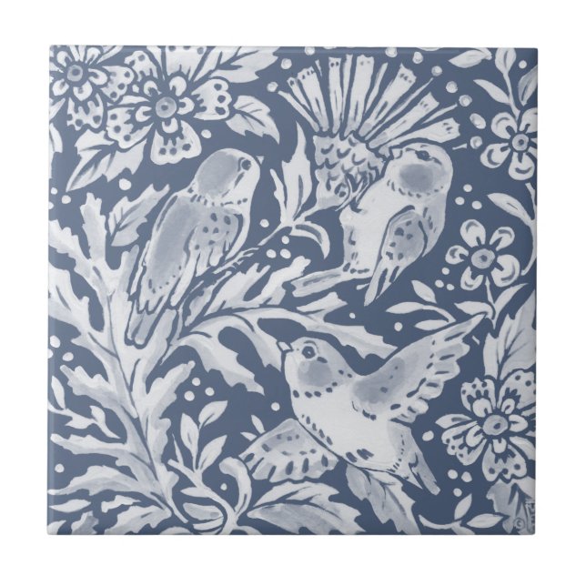 Blue Birds Thistle Flower Woodland Floral Tile (Front)