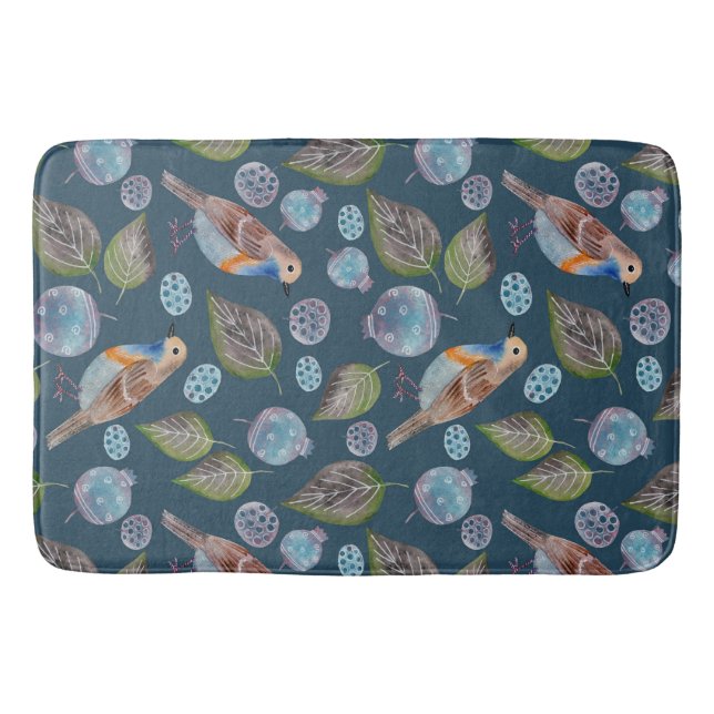 Blue Birds Watercolor Pattern Bath Mat (Front)