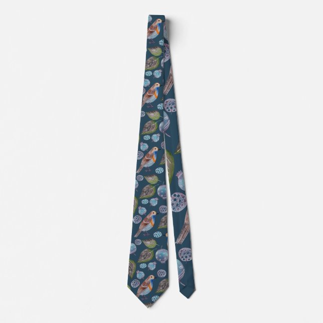 Blue Birds Watercolor Pattern Tie (Front)
