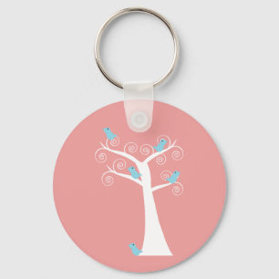 Blue Birds Whimsical Nature Tree Pink Background Keychain