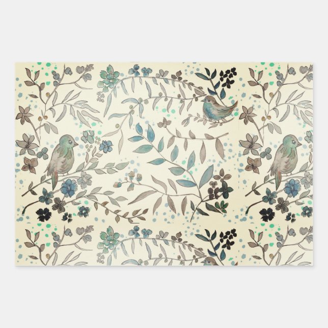 Blue birds wrapping paper sheet (Front)
