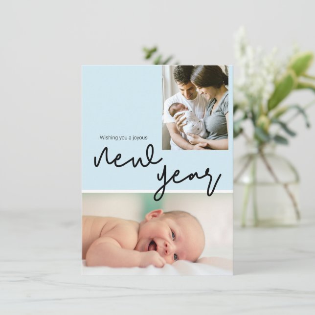 Blue Birth Stat Photo Happy New Year Baby boy Holiday Card (Standing Front)