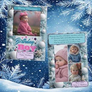 Blue Birthday Boy White Christmas Snowflakes Photo Holiday Card