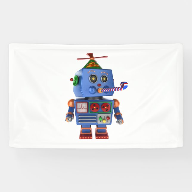Blue birthday party toy robot banner (Horizontal)