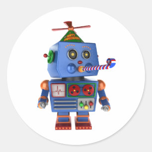 Blue birthday party toy robot classic round sticker