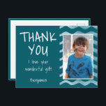 Blue Birthday Thank you Kids Photo  Postcard<br><div class="desc">Blue Birthday Thank you Kids Photo Postcard. Personalized birthday thank you card for your friends and family. Upload your photo and personalize the postcard with your name and text. The postcard has blue waves on the front. Great as thank you card for boys.</div>