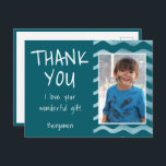 Blue Birthday Thank you Kids Photo  Postcard<br><div class="desc">Blue Birthday Thank you Kids Photo Postcard. Personalized birthday thank you card for your friends and family. Upload your photo and personalize the postcard with your name and text. The postcard has blue waves on the front. Great as thank you card for boys.</div>