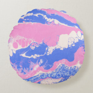 BLUE BLACK AND BROWN ABSTRACT PAINTING ROUND PILLOW