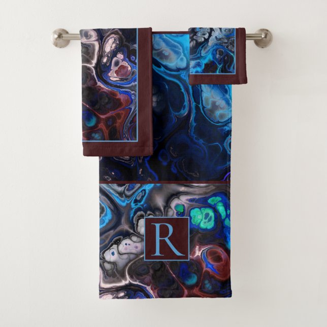 Blue, black and burgundy tie dye marble, monogram bath towel set (Insitu)