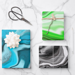 Blue, Black and Green Marble Fluid Art   Wrapping Paper Sheet