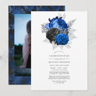 Blue, Black and Silver Floral Celebration of Life Invitation