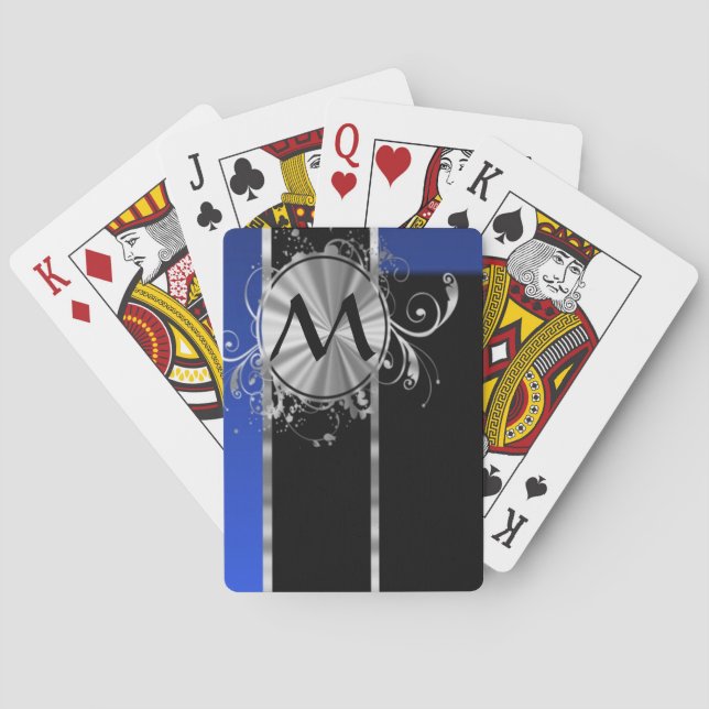 Blue black and silver monogram playing cards (Back)