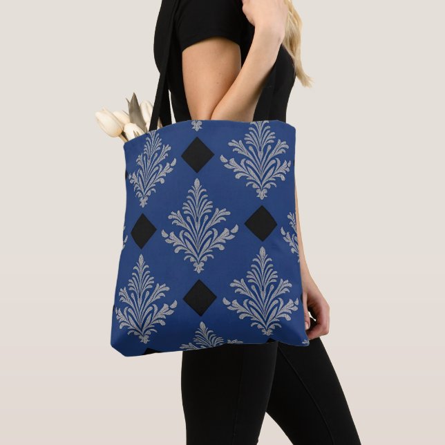 Blue, Black and Silver Tote Bag Damask Style (Close Up)