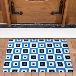 Blue Black and White Checkered Squares Pattern Doormat