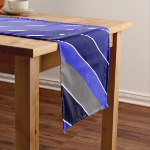 Blue, Black and White Diagonal Stripes Long Table Runner