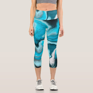 Blue, Black and White Marble Fluid Art Capri Leggings