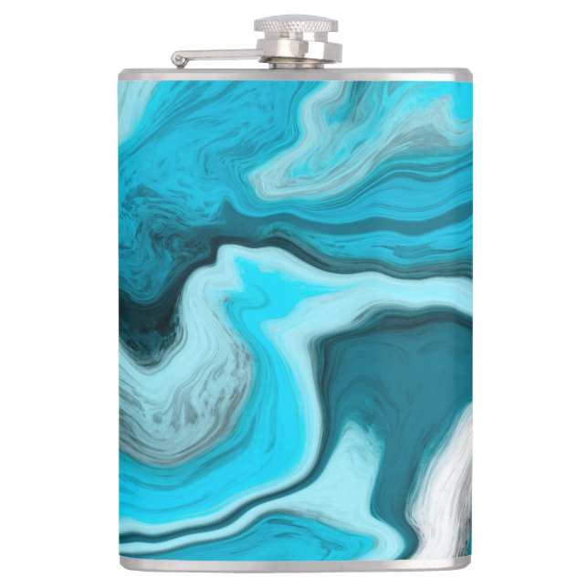 Blue, Black and White Marble Fluid Art  Hip Flask (Front)