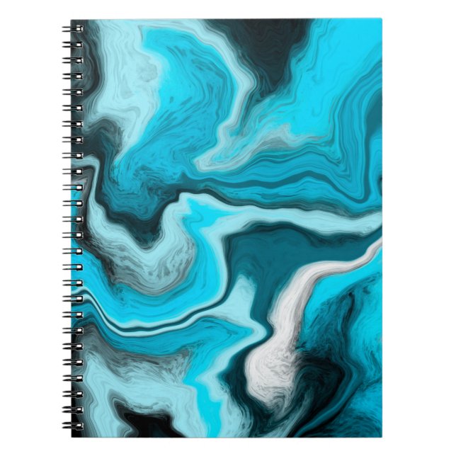 Blue, Black and White Marble Fluid Art    Notebook (Front)