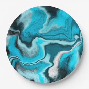Blue, Black and White Marble Fluid Art     Paper Plate