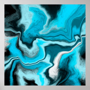 Blue, Black and White Marble Fluid Art  Poster