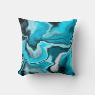 Blue, Black and White Marble Fluid Art Throw Pillow