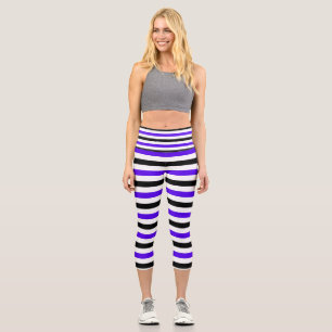 Blue Black and white stripes design Capri Leggings