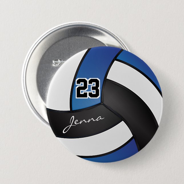 Blue, Black and White Volleyball 3 Inch Round Button (Front & Back)