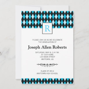 Blue & Black Argyle Pattern Graduation Party Invitation