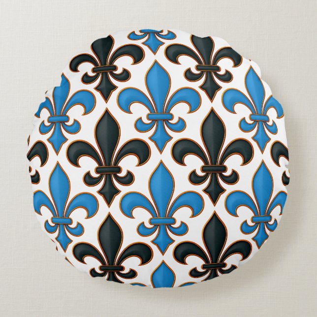 Blue Black Baroque Fleur-de-lis Pattern Design  Round Pillow (Front)