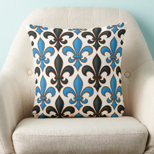 Blue Black Baroque Fleur-de-lis Pattern Design Throw Pillow