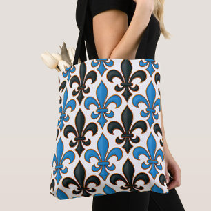 Blue Black Baroque Fleur-de-lis Pattern Design Tote Bag