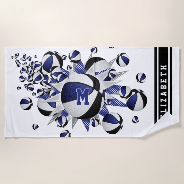 blue black basketballs stars girls monogrammed beach towel (Front)