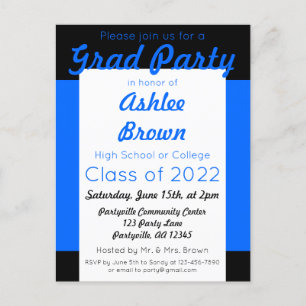 Blue Black Bold Grad Party Graduation Invitation Postcard