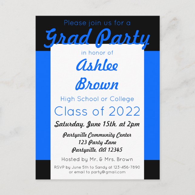 Blue Black Bold Grad Party Graduation Invitation Postcard (Front)