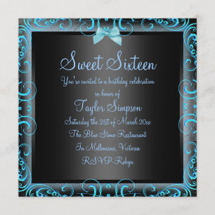 Blue/Black Bow & Frame Sweet16 Birthday Invite