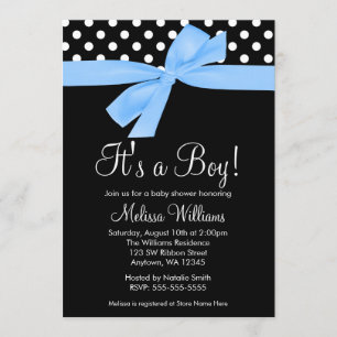 Blue Black Bow Polka Dot Baby Shower Invitations