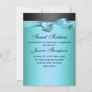 Blue & Black Bow Sweet 16 Birthday Invitation