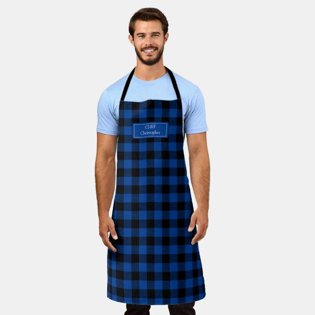 Blue Black Buffalo Plaid Lumberjack Personalized Apron (Worn)