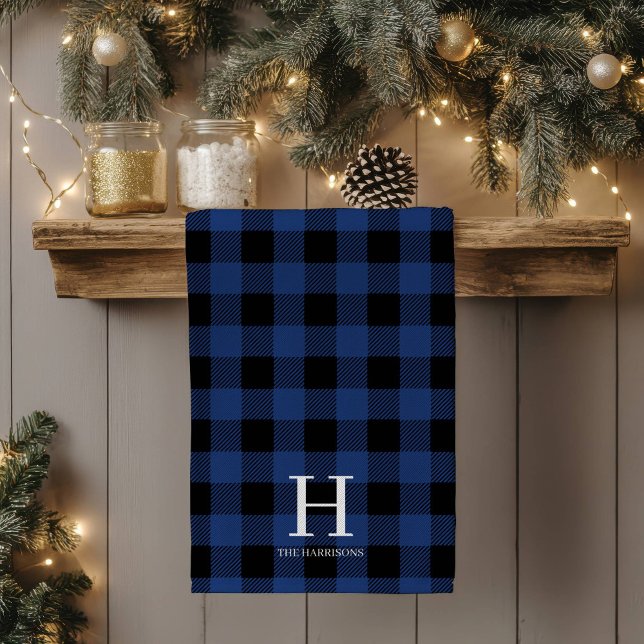 Blue Black Buffalo Plaid Monogram Holiday Kitchen Towel (Creator Uploaded)