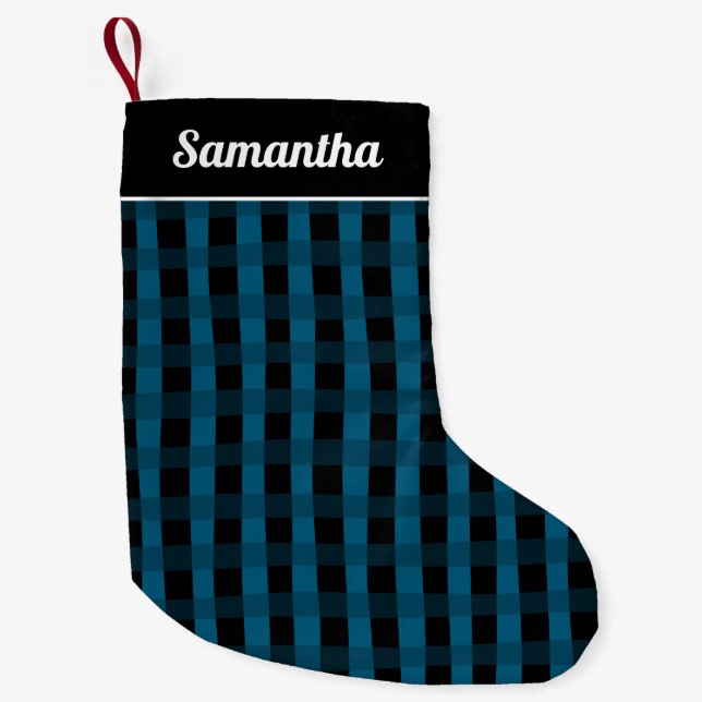 Blue Black Buffalo Plaid Personalized Name Small Christmas Stocking (Front)