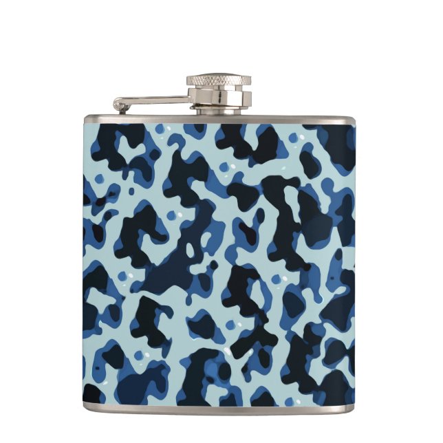 Blue Black Camo Abstract Pattern Hip Flask (Front)