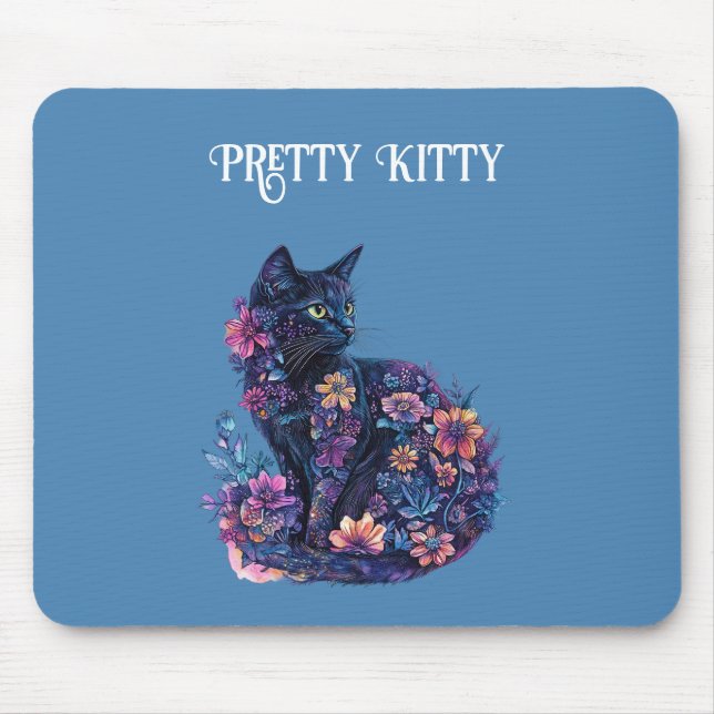 Blue Black Cat Flowers Pretty Kitty Mouse Pad (Front)