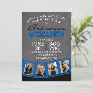 Blue & Black Chalkboard Photo Filmstrip Grad Invitation