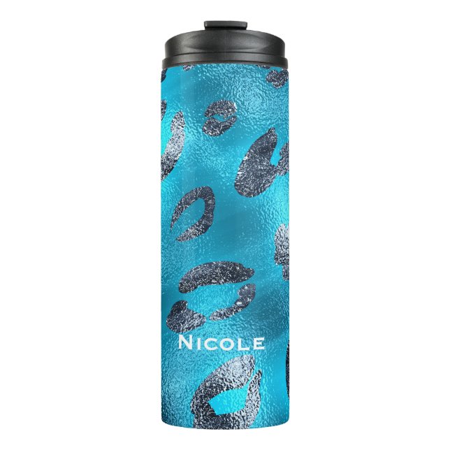 Blue & Black Cheetah Leopard Print Spots Custom Thermal Tumbler (Front)