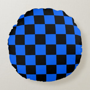Blue Black Chequered Check Pattern Round Pillow
