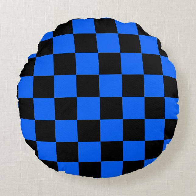 Blue Black Chequered Check Pattern Round Pillow (Front)